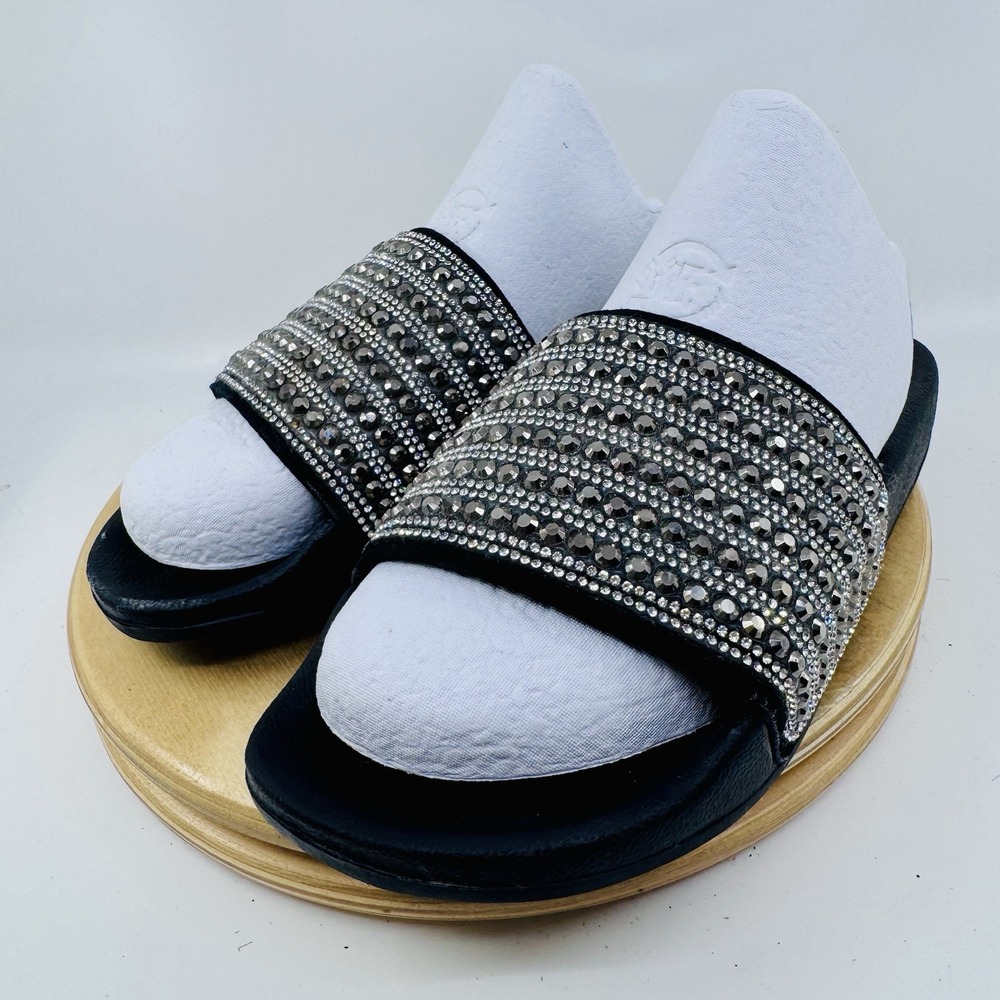 Skechers Cali Pop Ups Rocker Glam Sandals Womens 9 Black Rhinestone Slide 119193
